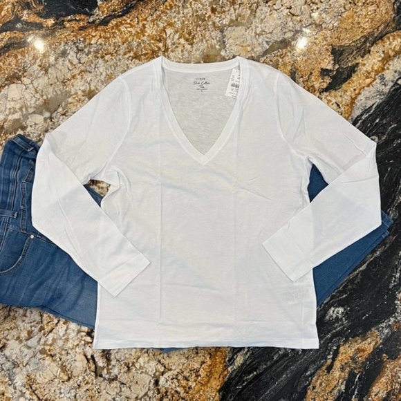NWT J. Crew White Long-Sleeve Vintage Slub Cotton V-Neck Tee - Picture 3 of 10